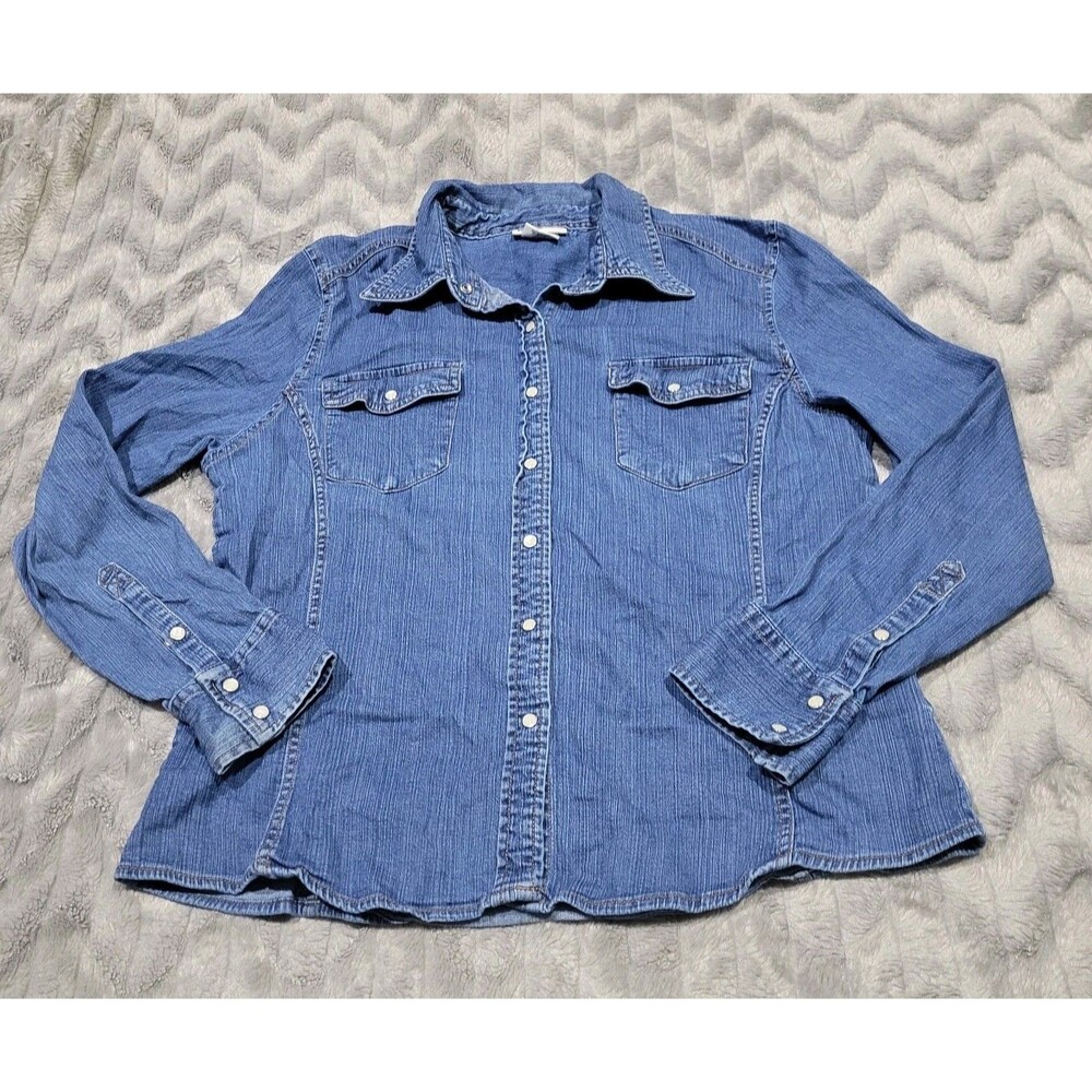 Faded Glory Vintage Y2K Womens XL Pearl Snap Western Denim Long Sleeve Shirt